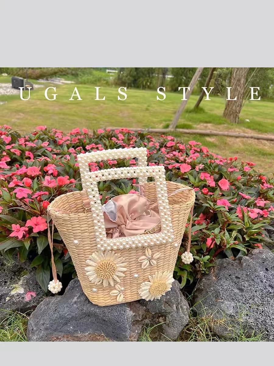 Women'S Bags Holiday - Pearl Beaded Handle Women's Handbag Straw